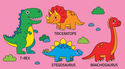 Colorful vector illustration featuring cute cartoon dinosaurs like t-rex and triceratops designed for children in a bright playful graphic style © Firdaus