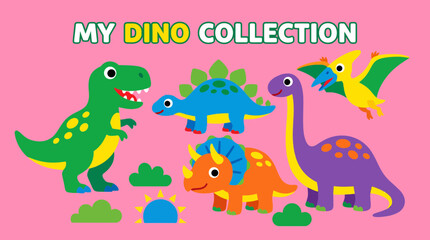 Colorful vector illustration featuring a collection of friendly dinosaurs for children designed with bright vibrant colors and playful simple shapes © Firdaus