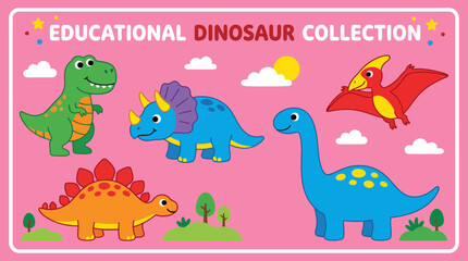 Colorful vector illustration featuring a collection of cute friendly dinosaurs designed for children on a bright pink rectangular background setting © Firdaus