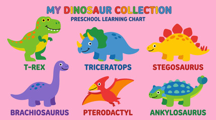 Colorful vector illustration of a preschool dinosaur collection chart featuring various friendly prehistoric creatures for educational learning and creative fun © Firdaus