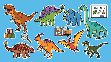 Colorful set of cute cartoon dinosaur vector illustrations featuring various prehistoric creatures and educational school supplies for children learning projects © Firdaus