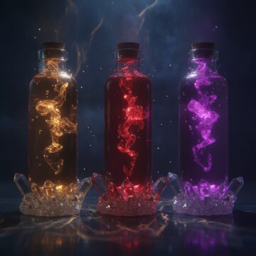 Three Colorful Bottles with Glowing Liquid Swirls on a Dark Background