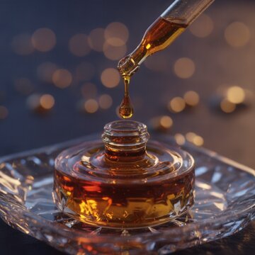 Close-up of a glass dropper releasing golden oil into a decorative crystal dish with a blurred background of shimmering lights