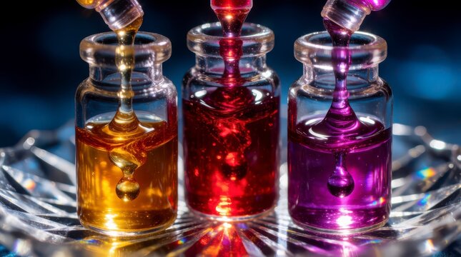 Colorful liquid droplets being pipetted into glass vials on a reflective surface with a blurred blue background