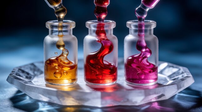 Three glass vials with colorful liquids swirling together on a crystal plate against a soft blue background
