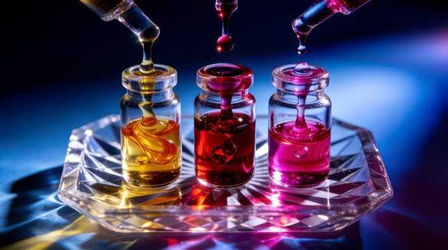 Colorful liquid droplets falling from pipettes into glass vials on a reflective crystal tray with dramatic lighting