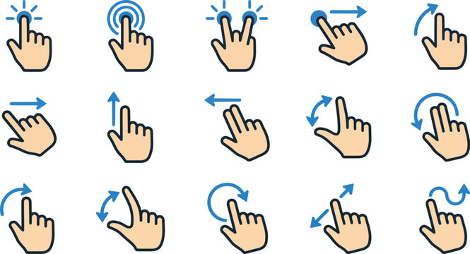 Set of hand gesture icons for touch screen devices, including tap, swipe, pinch, zoom, and rotate gestures