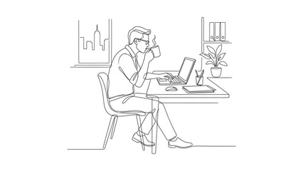 Fototapeta premium Continuous line drawing of a man working on a laptop while drinking coffee.
