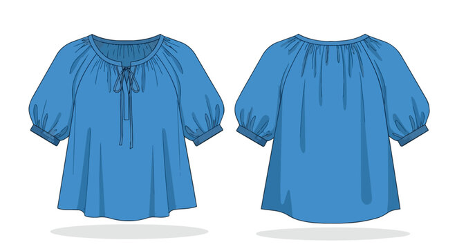 Stylish Blue Women Peasant Blouse Illustration Showing Front and Back View with Puff Sleeves and Tie Detail