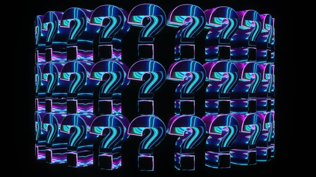 10 seconds 3d computer generated Seamless spinning rotating question marks education seek ask quest find animation screensaver motion graphic looping HD-video black background