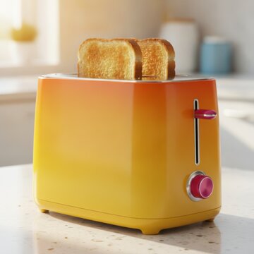 Bright Yellow Toaster with Toast in Modern Kitchen Setting Bathed in Warm Morning Light
