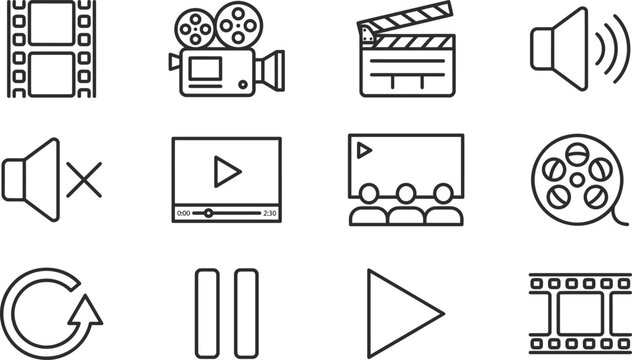 Set of cinema and video production line icons, including camera, film strip, clapperboard, play, pause, and volume controls