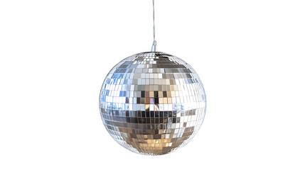 Reflective silver disco ball hanging from string, party and celebration decoration, isolated on white background