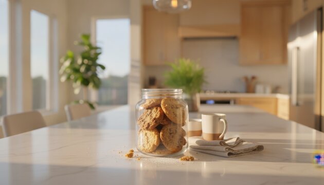 Freshly Baked Cookies in a Glass Jar on a Modern Kitchen Counter with Natural Light