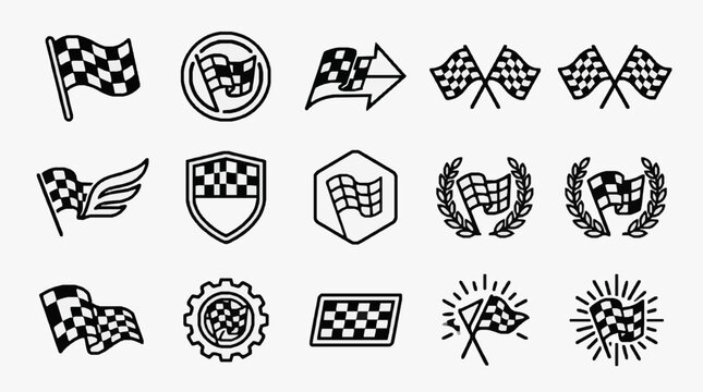 Professional Motorsport and Racing Symbols Collection Featuring Checkered Flags Trophies and Emblems
