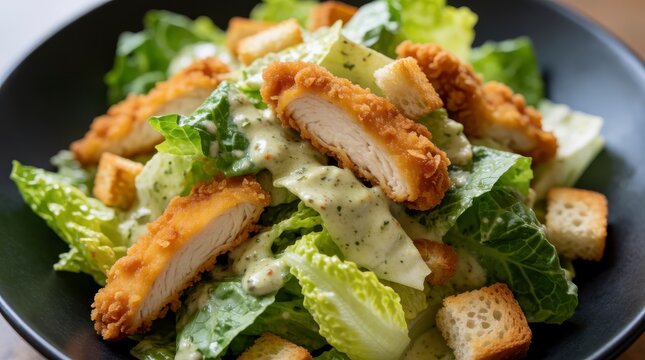 Delicious crispy chicken Caesar salad with fresh romaine lettuce, croutons, and creamy dressing in a black bowl