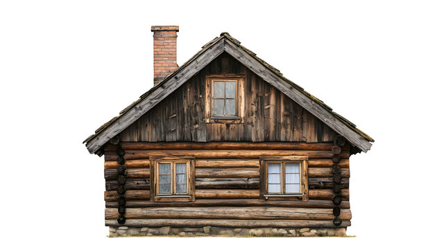 Rustic wooden log cabin with chimney and cozy windows, countryside architecture, isolated on white background