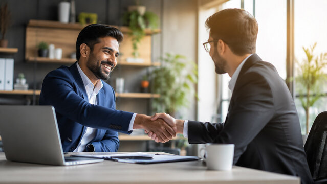 Business partners closing a successful deal with a handshake in a modern office.