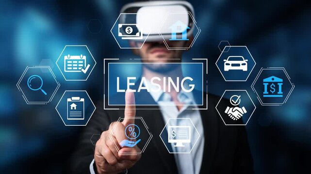 Professional Businessman Using Virtual Reality for Leasing Concepts with Graphical User Interface Elements and Technology Background in a Modern Office Setting. Entropy.
