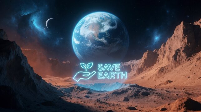 Futuristic Earth with Neon 'Save Earth' Message Above Rocky Landscape and Cosmic Background