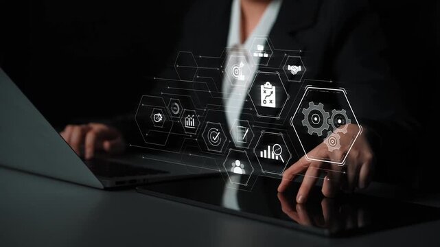 Business management system showing teamwork, productivity, and planning. Management supports goal, management tracks progress, management improves teamwork, and enhances productivity. Marrow