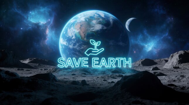 Earth seen from the moon with glowing 'Save Earth' message and hand holding a plant in a cosmic setting