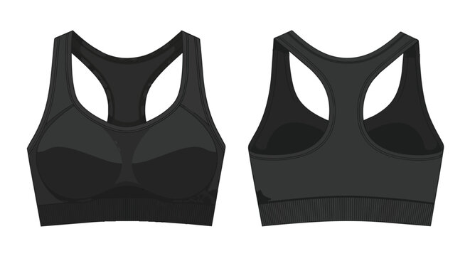 Female Black Athletic Sports Bra Mockup Illustration with Front and Back Views for Fitness and Workout Wear