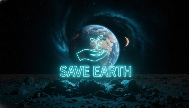 Neon 'Save Earth' Message with a Growing Plant and Earth in Space Background