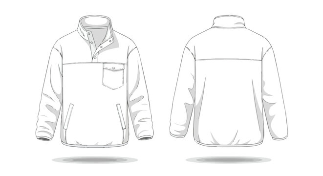 Quarter Snap Fleece Pullover Sweatshirt Apparel Technical Flat Sketch Template Front and Back View for Mockup