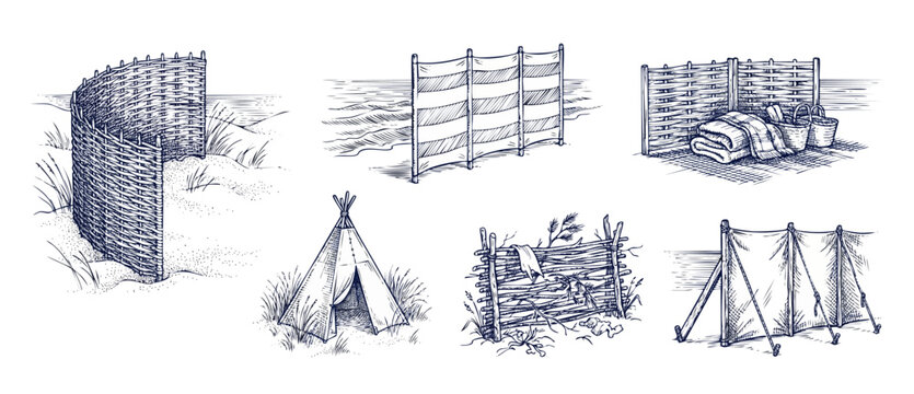 Beach windbreak sketch set illustration of vintage wicker fence, canvas screen, teepee tent, and picnic basket on sand dunes in retro hand drawn engraving style for coastal decor and outdoor projects.