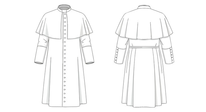 Traditional Catholic Priest Cassock with Shoulder Cape and Sash Front and Back View Line Art Drawing