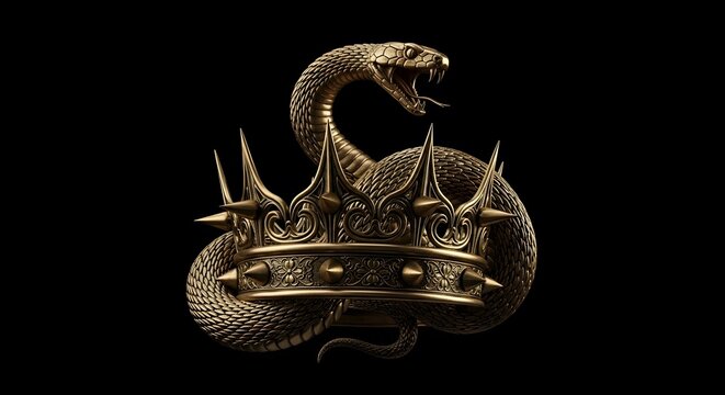 Aggressive cobra snake wrapped around a sharp metallic royal crown on a dark black background