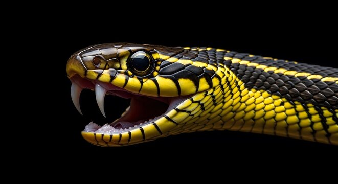 Close up of a dangerous black and yellow snake with open mouth and sharp fangs