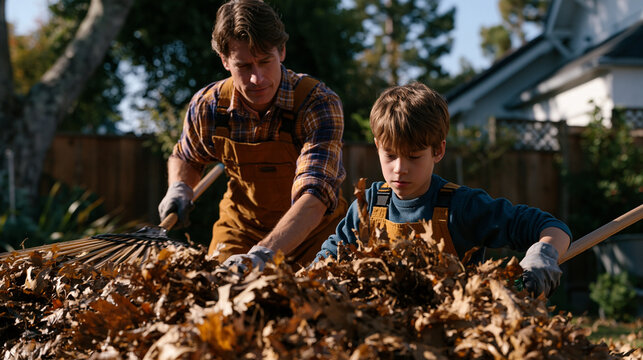 Stepparent and stepchild raking leaves together in the backyard, neither fully relaxed, a slight physical distance between them, the leaf pile growing between efforts, the cautious warmth of a blend
