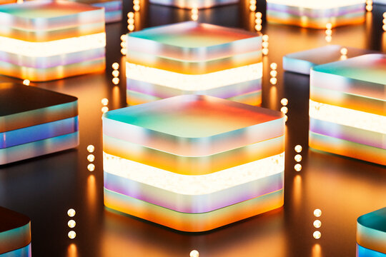 Close up futuristic glowing cubes with neon lighting