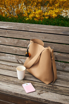 Bag with accessories on wooden bench