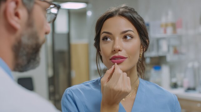 beauty clinic consultation with cosmetologist gesturing toward patient lips explaining cosmetic plan, patient watching closely, medium shot composition