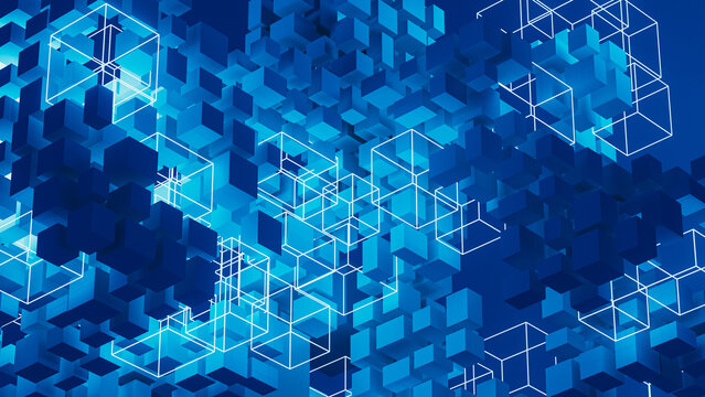Cubes in a digital space with various shapes floating in blue