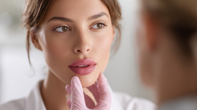 beauty clinic consultation with cosmetologist gesturing toward patient lips explaining cosmetic plan, patient watching closely, medium shot composition