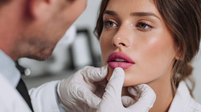 cosmetic doctor explaining lip treatment to patient, pointing gently at lip area, patient watching attentively, medium distance photography
