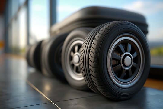 Airport baggage wheels aligned beside glass wall with distant aircraft outside