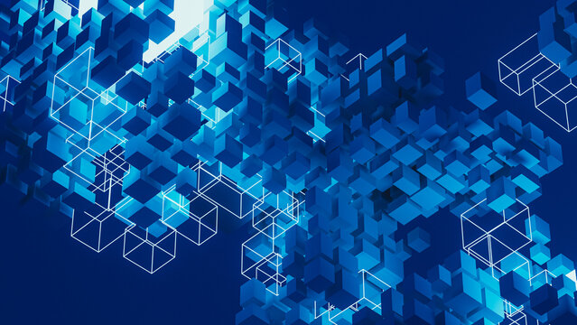 Cubes in a digital space with various shapes floating in blue