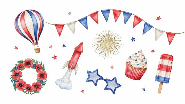 Watercolor patriotic elements set featuring hot air balloon rocket cupcake and red white blue bunting for independence day celebrations