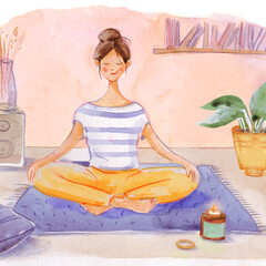 Young Woman Meditating in Lotus Pose at Home