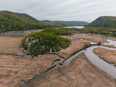 Wide Aerial View of River Valley and Wetlands