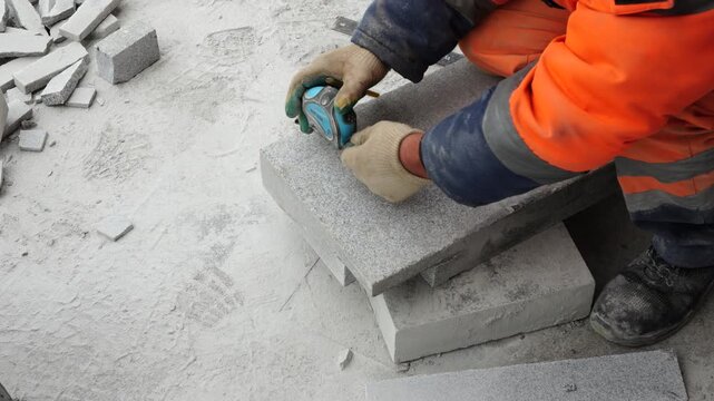 Construction worker measuring and preparing concrete tiles with tape measure before cutting during masonry and tiling work on construction site