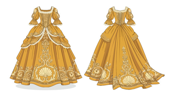Luxurious Golden Baroque Era Royal Ball Gown Front and Back Views with Ornate Floral Pattern Embroidery