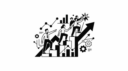 Obraz premium A monochrome illustration of people working together to climb a graph