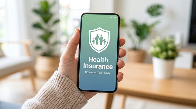 Health insurance mobile app on smartphone screen, hand holding phone with medical coverage application, family healthcare protection concept