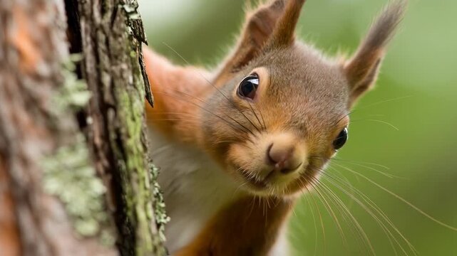 Curious squirrel peeking from behind a tree trunk in a natural forest setting with soft green background